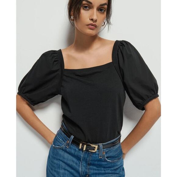 White + Warren Square Neck Poplin Tee Puff Sleeve Top in Jet Black Size Small - Picture 1 of 5